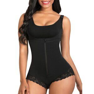 Black Body Shaper With Lace Trim & Zipper Closure For Women